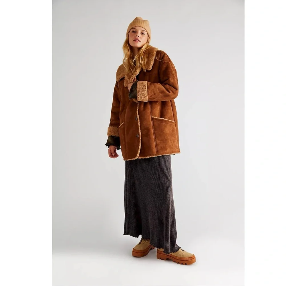 Free People Western Bohemian Retro 70s Winter Faux Sherpa Suede Diogo Coat Small - Picture 4 of 14